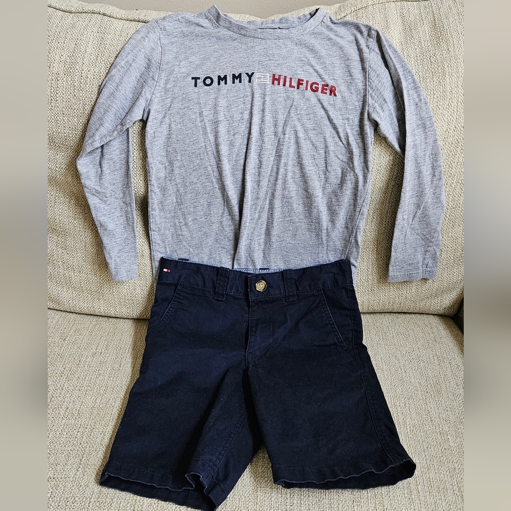 Tommy Hilfiger Boy's Gray Long Sleeve Shirt and Navy Shorts